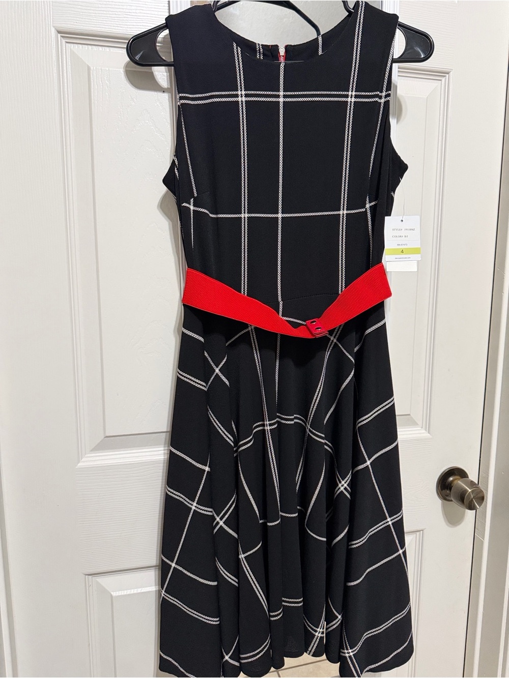 Danny & Nicole Black Windowpane Midi Dress with Red Belt